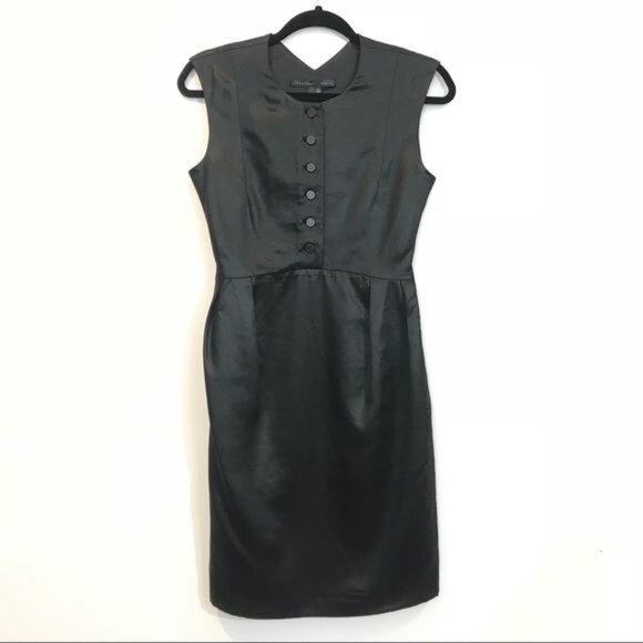 Theyskens Theory Black Satin Sleeveless Button-Front Sheath Mini Dress Size 2 - Picture 3 of 8
